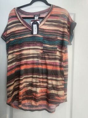 Hemish Multicolor Striped V-Neck Pocket Blouse - Orange, Teal, Brown M BNWT